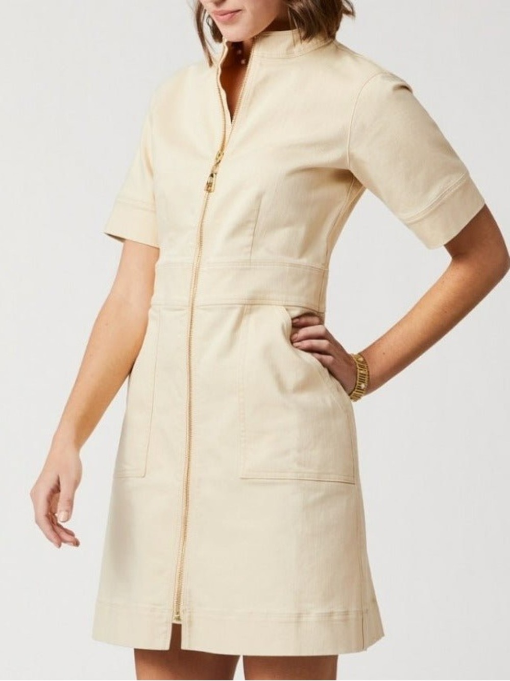 Spartina 449 Nevie Denim Dress Wheat Tan Zip Front Stretch Pockets Medium